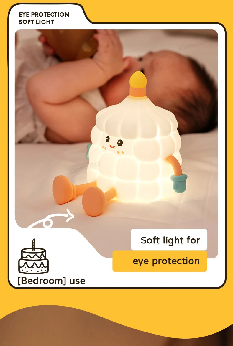 Cake Night Light – Silicone Touch Bedside Lamp for Kids | Kawaii Baby Room Decor & Cartoon Ambient Lighting | Perfect Birthday Gift