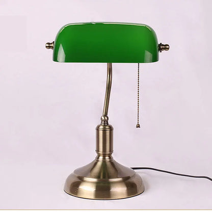 Bank Table Lamp – European Style Glass Lamp with Antique Copper Base | Retro Office Desk & Bedroom Decorative Bedside Lamp