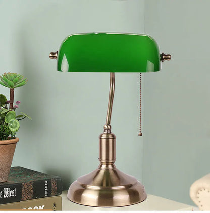 Bank Table Lamp – European Style Glass Lamp with Antique Copper Base | Retro Office Desk & Bedroom Decorative Bedside Lamp