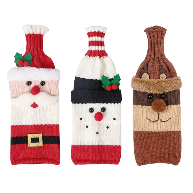 Santa Knitted Wine Bottle Case – Festive Elk & Snowman Decor for Wine & Champagne