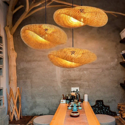 Bamboo Hanging Lamp Pendant Ceiling Light – Rattan Wicker Hand-Knit Braiding Suspended Light for Dining & Home Decor