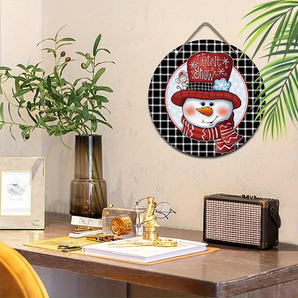 Merry Christmas Black White Plaid Snowman Wreath Sign