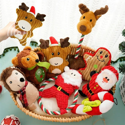 Christmas Dog Chew Toy Set – Plush Santa, Elk, Gingerbread, Donut & More – Squeaky Toys for Pets