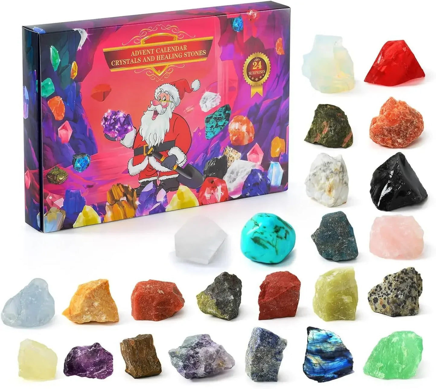 Christmas Advent Calendar with Natural Crystal Gemstones – 24 Days Countdown Box for Kids