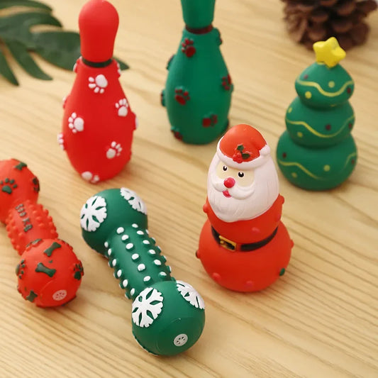 Christmas Pet Toy Set – Santa, Tree & Bowling Squeaky Vinyl Dog Toys