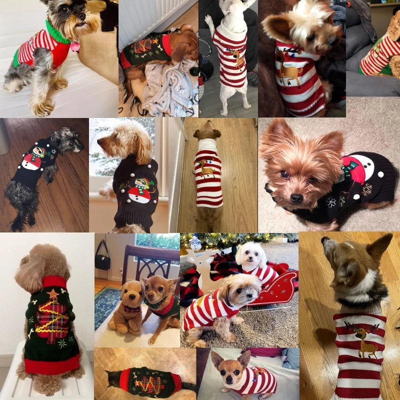 Christmas Dog Sweater – Winter Warm Striped Knitted Outfit for Small Dogs & Puppies