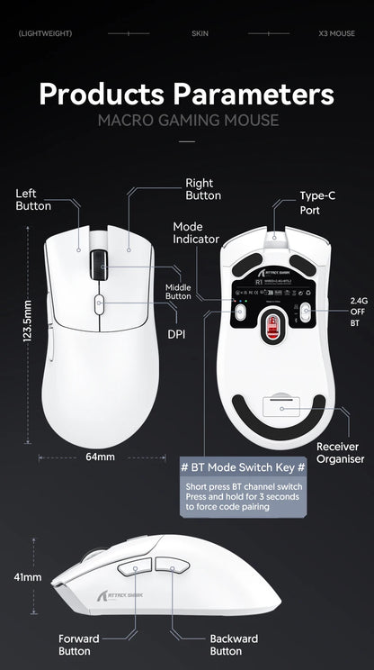 Attack Shark R1 Wireless Bluetooth Gaming Mouse – PAW3311 Sensor, 1000Hz Return Rate, Tri-Mode, Ergonomic, Rechargeable