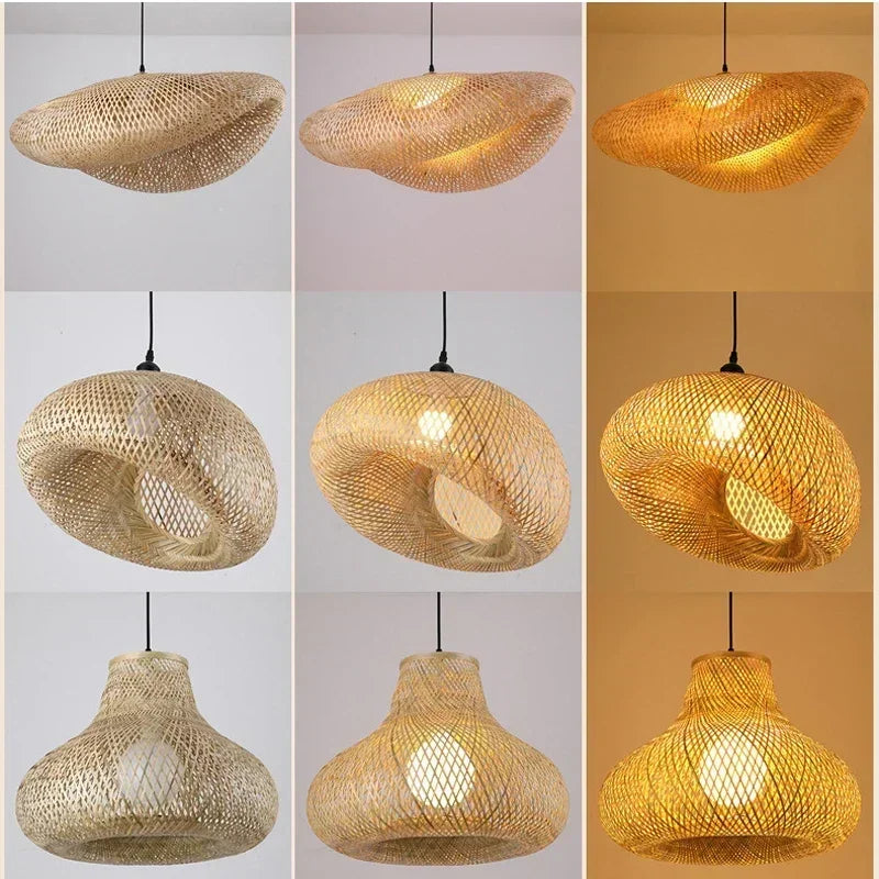 Bamboo Hanging Lamp Pendant Ceiling Light – Rattan Wicker Hand-Knit Braiding Suspended Light for Dining & Home Decor