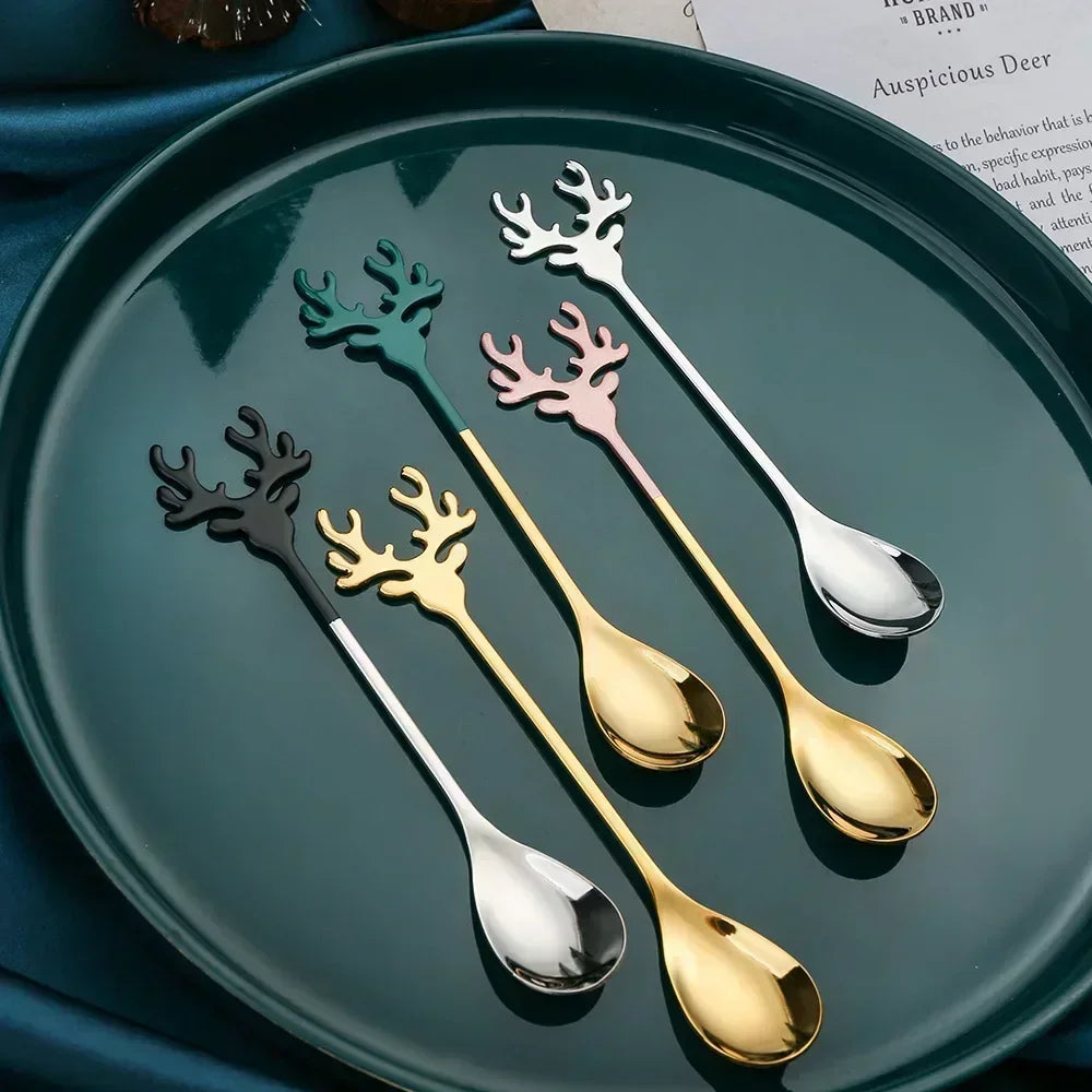 Christmas Elk Head Coffee Spoons – Festive Stainless Steel Table Decor for 2024