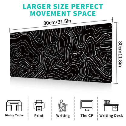 Large Topographic Gaming Mouse Pad 31.5 x 11.8 in | Black & White Keyboard Pad with Anti-Slip Design