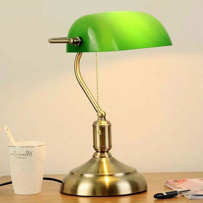 Bank Table Lamp – European Style Glass Lamp with Antique Copper Base | Retro Office Desk & Bedroom Decorative Bedside Lamp