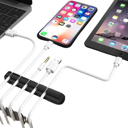 "Silicone USB cable organizer for desk", "Flexible wire holder for mouse and headphone cords", "Non-slip cable management clip for tidy workspace", "Desktop cable winder for efficient wire organization", "Soft silicone cable organizer in black and white".