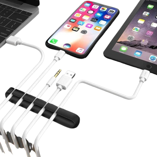 "Silicone USB cable organizer for desk", "Flexible wire holder for mouse and headphone cords", "Non-slip cable management clip for tidy workspace", "Desktop cable winder for efficient wire organization", "Soft silicone cable organizer in black and white".