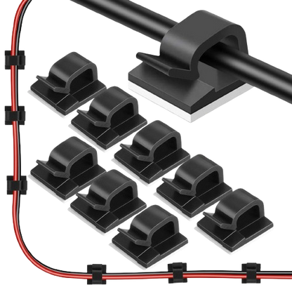 Plastic adhesive cable clips for wire management", "Compact cable holders for neat storage", "Black and white wire organizers with adhesive", "Durable cable clips for network and telephone wires", "Multi-pack cable management solution".