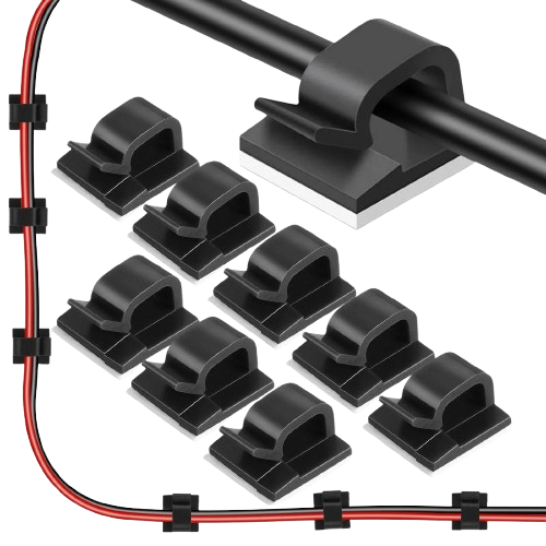 Plastic adhesive cable clips for wire management", "Compact cable holders for neat storage", "Black and white wire organizers with adhesive", "Durable cable clips for network and telephone wires", "Multi-pack cable management solution".