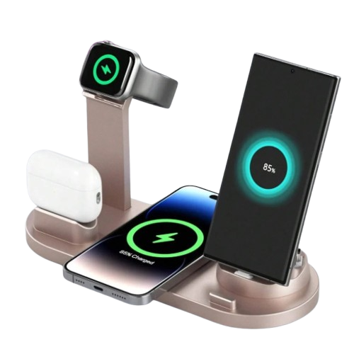 "5-in-1 wireless charging station with Apple Watch holder", "Fast wireless charging dock for multiple devices", "Rotatable Type-C and Lightning connectors on charging stand", "Portable and sleek wireless charger for desk", "Multifunction charging stand for iPhone, AirPods, and Apple Watch"