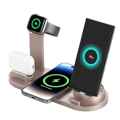 "5-in-1 wireless charging station with Apple Watch holder", "Fast wireless charging dock for multiple devices", "Rotatable Type-C and Lightning connectors on charging stand", "Portable and sleek wireless charger for desk", "Multifunction charging stand for iPhone, AirPods, and Apple Watch"